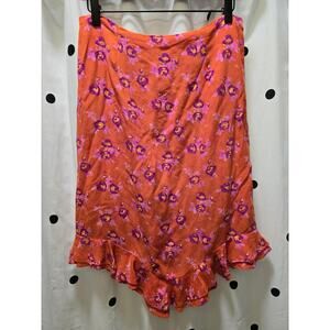 Nanette Lepore 100% silk orange and pink floral midi skirt ruffle trim size 6